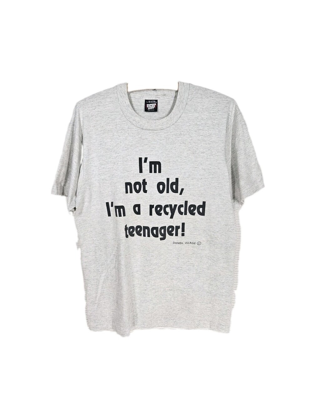 Vintage 1990s Novelty Tshirt Large Recycled Teenager 50/50 USA Danish Village
